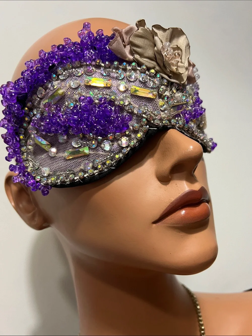Purple Beaded Decorative Sleep Mask with Champagne Flower Accent